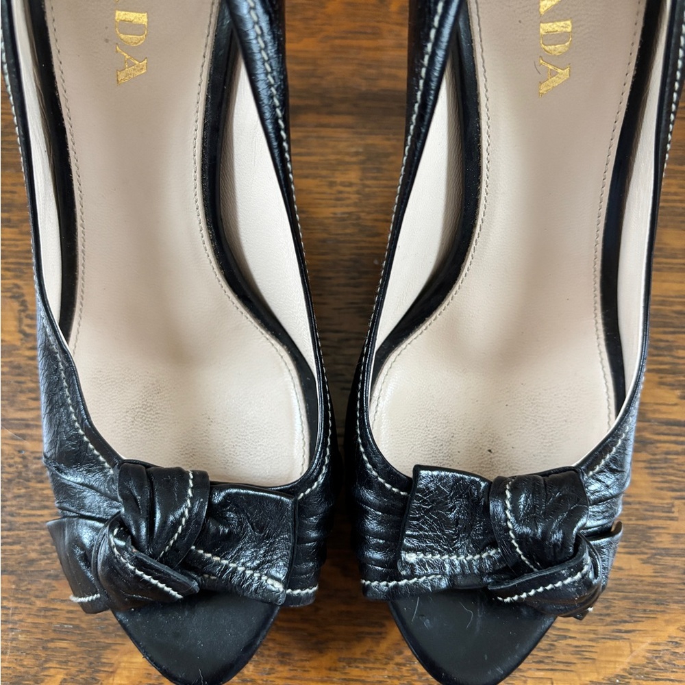 Prada Black Leather Peep-Toe Heels - image 7
